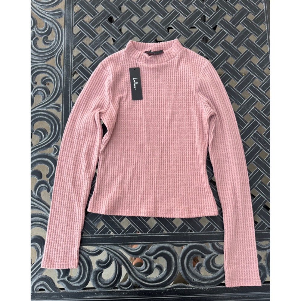 Lulus Mauve Pink Waffle Knit Mock Neck Long Sleeve Top Medium NEW
